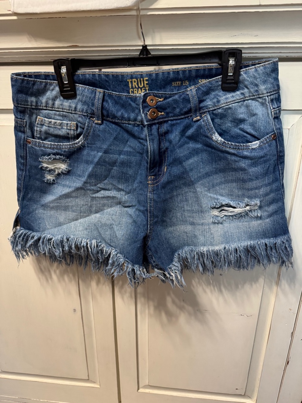 True Craft Medium Blue Distressed Frayed Hem Denim Shorts